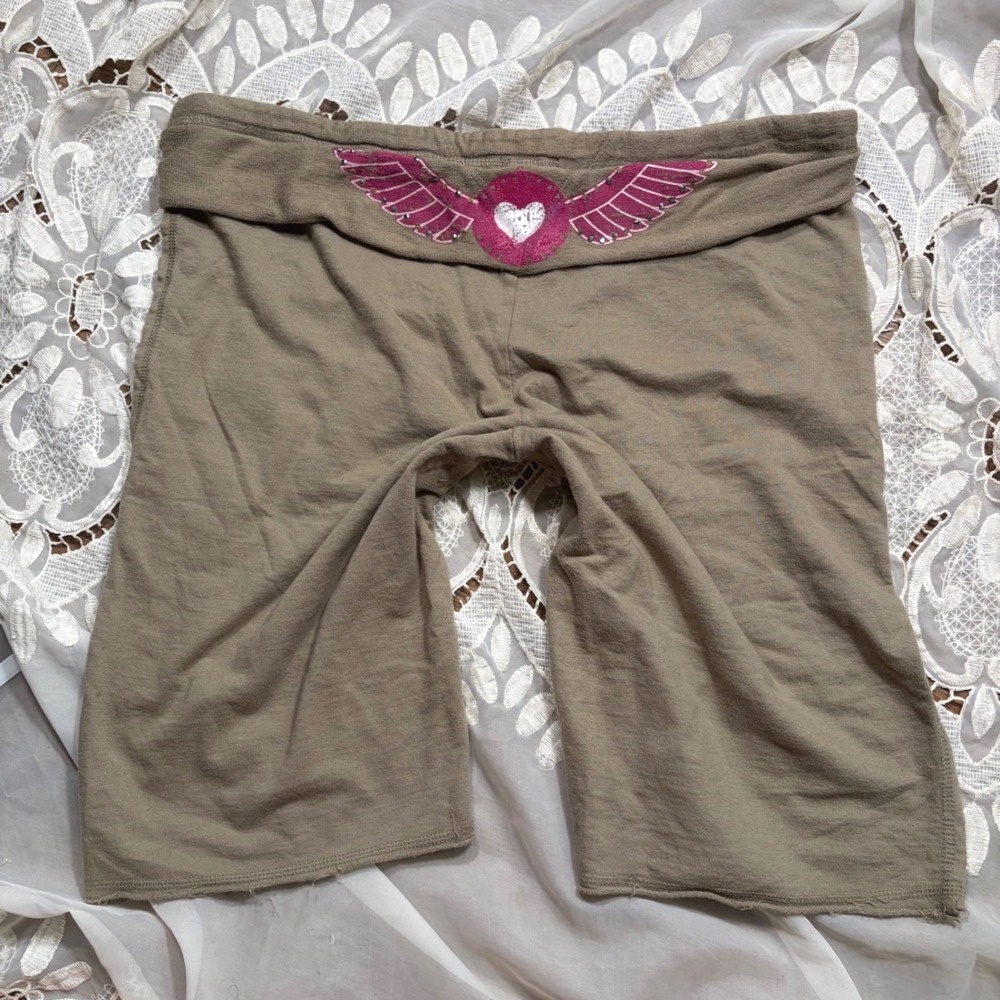 Y2K Mcbling Grunge Jorts Capri Cotton Winged Heart Rhinestone Foldover Shorts L